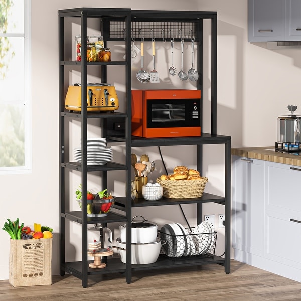 Kitchen Baker's Rack with Power Outlets, Freestanding Microwave Oven Stand with Hooks and Storage Shelves