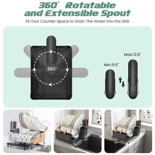 2-Tier Detachable Dish Rack with Drainboard and 360° Swivel Spout - 22" x 16.5" x 11.5"(L x W x H)
