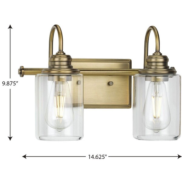 Aiken Collection Two-Light Vintage Style Brass Clear Glass Farmhouse Style Bath Vanity Wall Light - 14.625 in x 7 in x 9.875 in