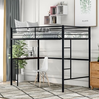 Industrial Style Twin Size Metal Loft Bed with Build-in Study Desk and Ladder, Kids Bed Full-length Guardrail for Bedroom, Black