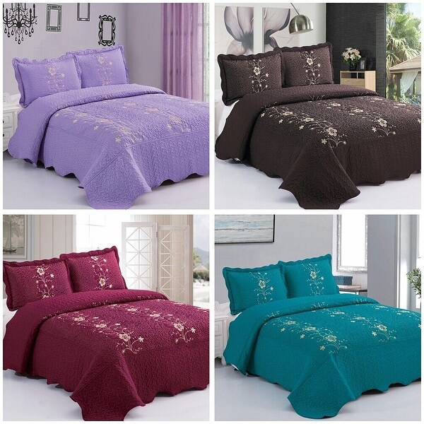 3PCS Lightweight Quilt Bedspread Set Embroidery Queen Burgundy