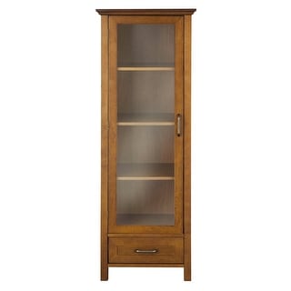 Oak Finish Linen Tower Glass Door Bathroom Storage Cabinet w/ Drawer - 13.5 x 48.5 x 17 inches