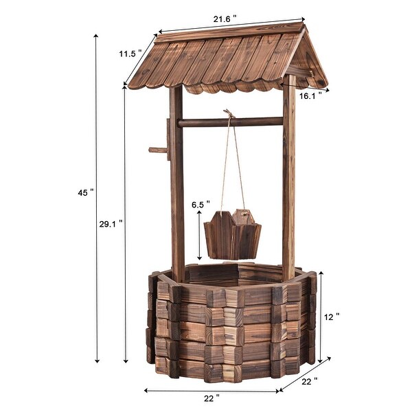 Outdoor Wishing Well Planter, Wooden Rustic Flower Planter w/Hanging Bucket, Outside Decorations