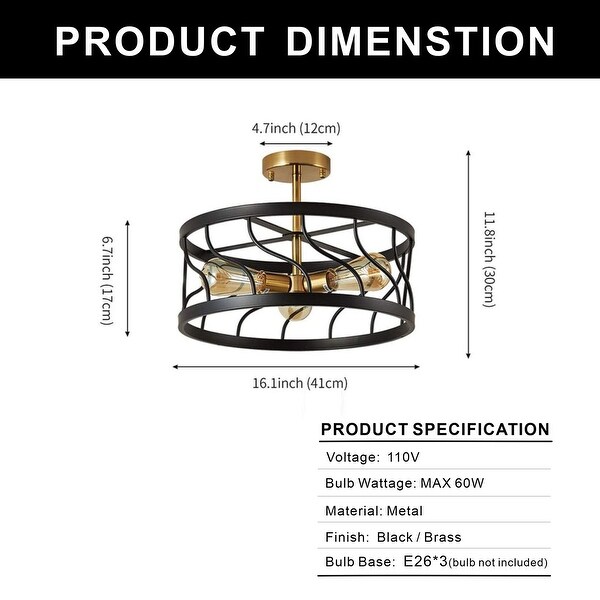 YANSUN 16.5 in. 3-Light Black and Gold Drum Metal Semi-recessed Ceiling light Modern Mininalit Semi-Flush Mount t for kKitchen