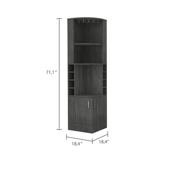 Corner Bar Cabinet, Eight Bottle Cubbies, Double Door, Two Open Shelves