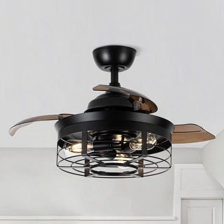 Industrial 3-Blade Matte Black Cage Ceiling Fan with Remote and Light Kit - 35.83-in W x 16.74-in H