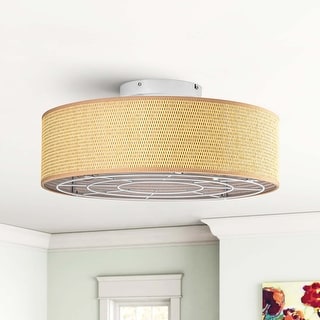 20-inch Farmhouse Woven Rattan Peel Fabric 7-blade Ceiling Fan with Lights with Remote - 19.6"W x 8.6"H