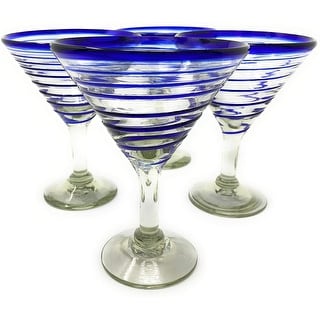 Dos Suenos Mexican Hand Blown Glass - Set of 4 Hand Blown Modern Margarita Glasses - Blue Spiral (12 oz)