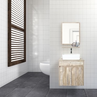 24" Bathroom Vanity Set Tempered Glass/ Ceramics Sink Combo Wall Mounted Natural Cabinet Faucet Drain Mirror