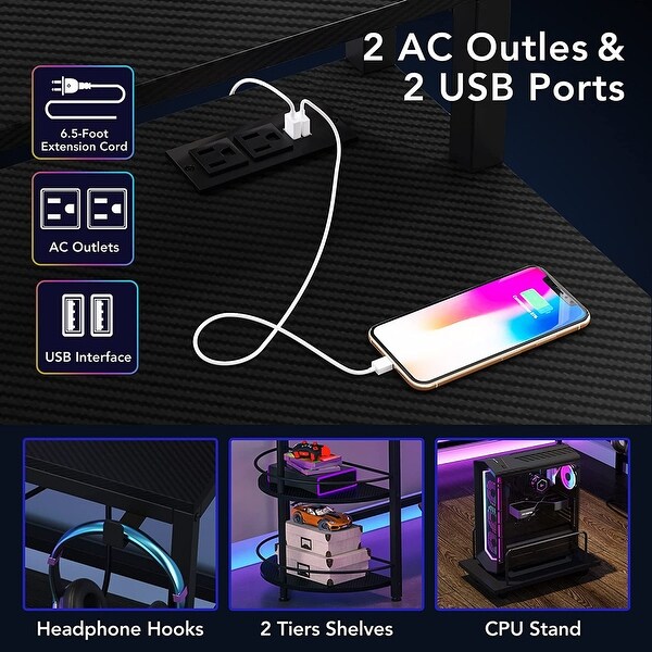 L Shaped Gaming Desk with LED Strip & Power Outlets, Computer Corner Desk with Monitor Stand, 55 Inch Home Office Desk, Black