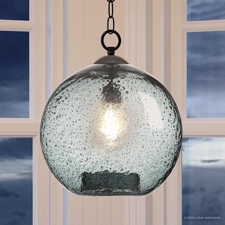 Luxury Vintage Smoky Blue Bubble Glass Pendant Light, 14"H x 12"W, with Olde Bronze Finish by Urban Ambiance