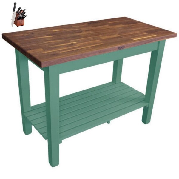 John Boos Walnut 48x25 Table w/ Shelf & Casters and Henckels Knife Set