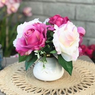 Enova Home Artificial Fake Silk Open Rose and Hydrangea Silk Flowers Arrangement in White Decoration Vase (Cream Purple)