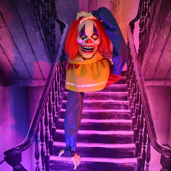 Haunted Hill Farm Poppet the Animatronic Pop-Up Talking Clown Head with Light-Up Eyes for Scary Halloween Tabletop Decoration