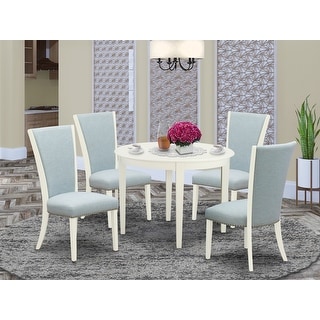 Dining Room Table Set 4 Kitchen Dining Chairs Upholstered Linen Fabric and a Round Dining Table - Linen White Finish