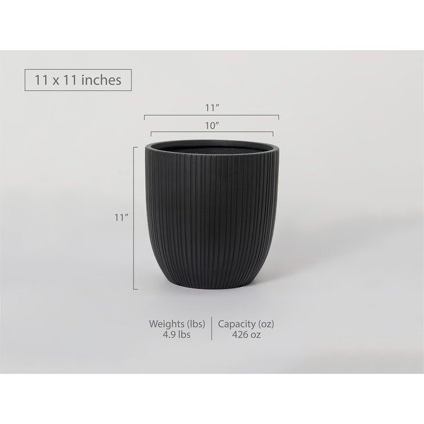 Indoor/Outdoor Large Nordic Minimalist Fiberstone Lightweight Round Planter Pot With Grooves - 14, 13, 11 inch Matte Finish