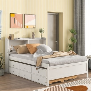 Full Size Pine Wood Platform Bed with Twin Size Trundle Bed, Storage Headboard and Drawers