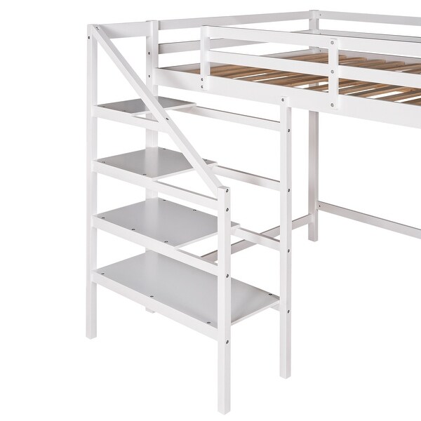 Full Size Loft Bed with Built-in Storage Staircase and Hanger for Clothes