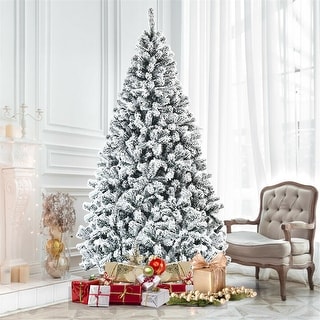 Clihome 7.5 Ft Snow Flocked Hinged Artificial Christmas Tree without Lights