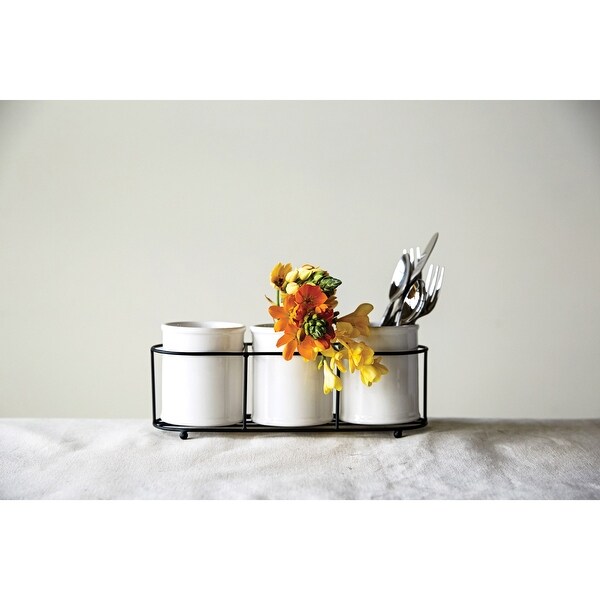 Set of 3 White Ceramic Crocks in Black Metal Holder