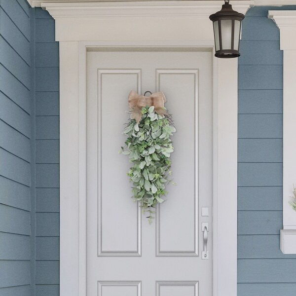 30" Front Door Swag with Burlap Bow & Lambs Ear & Greenery Leaves