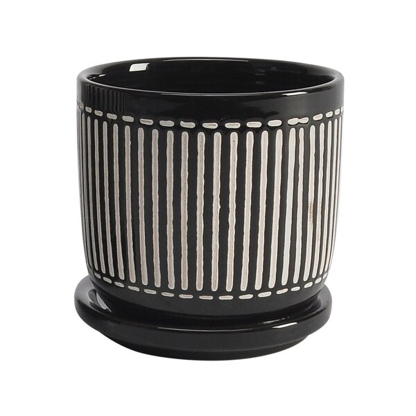 Set of 2 5, 6" Vertical Lines Planter with Saucer, Black 6"H - 6.0" x 6.0" x 6.0"