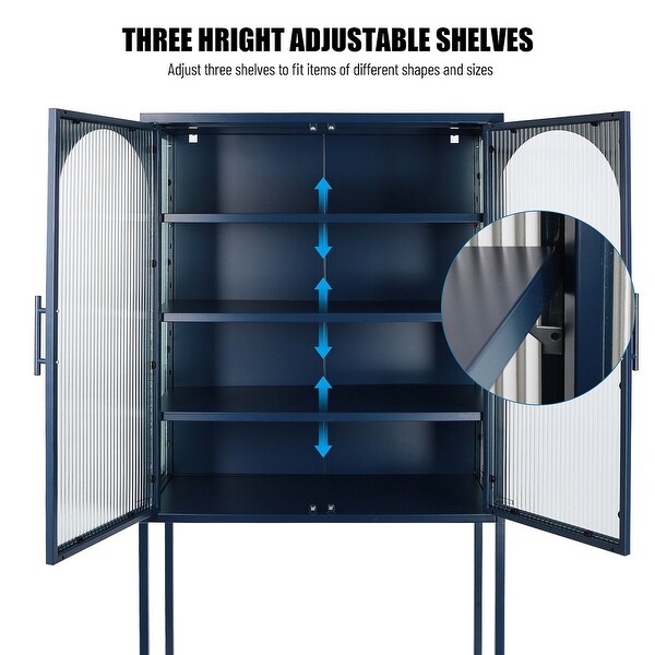 Tempered Glass Tall Storage Cabinet with 2 Arched Doors Adjustable Shelves and open bottom shelf