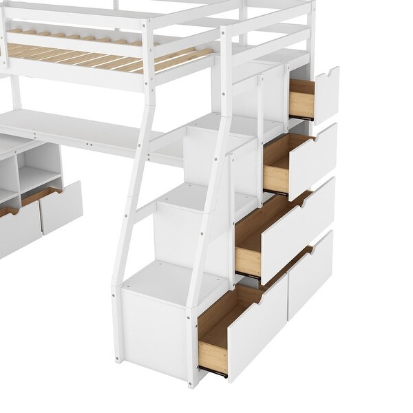 Twin Size Loft Bed with 7 Drawers and 2 Shelves, Wooden Loft Bed Frame with Desk Under Bed, Safety Guardrail for Kids Teens