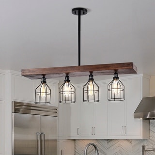 Malli Farmhouse Kitchen Island Chandelier Wood Grain Finish Metal Matte Black Lighting - Matte Black and Wood Grain
