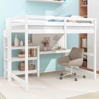 Full Size Wooden Loft Bed with Shelves Desk and Writing Board