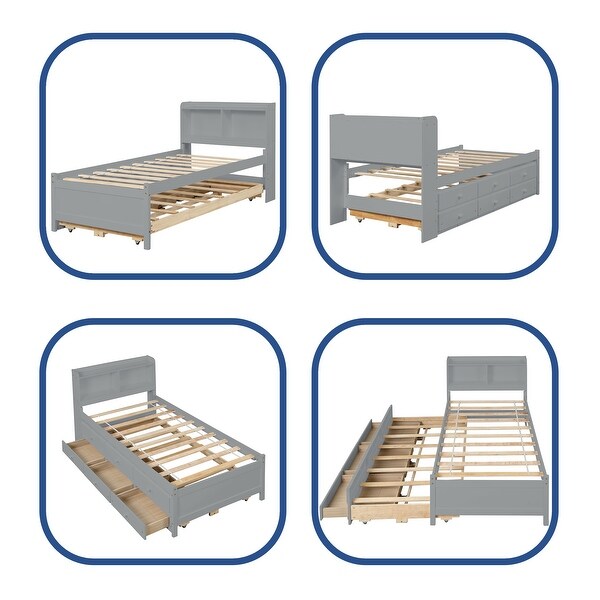 Twin Size Bed with Twin Trundle Drawers Kids Bed for Bedroom Grey