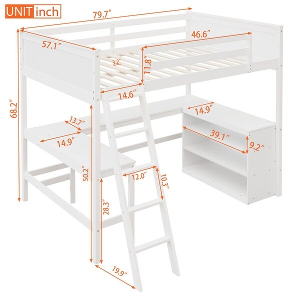 Wooden Full size Loft Bed with Desk and Shelves