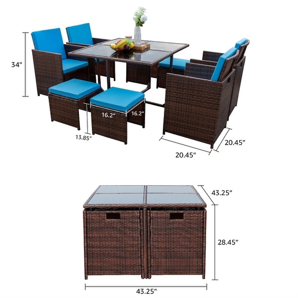 Homall 9 Pieces Patio Dining Sets Outdoor Space Saving Rattan Chairs with Glass Table Sectional Conversation Set with Cushions