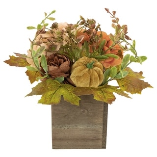 10"x8" Orange Floral Pumpkin Wooden Box Fall Harvest Tabletop Decor