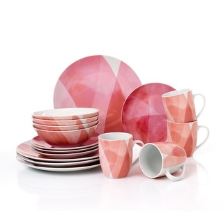 16PCs Coupe Shape Stonelain Dinnerware with Full Geometric Decal in Red Color, Service for 4