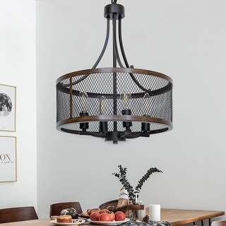 YANSUN 4-Light Black and Wood Finish Drum Chandeliers Farmhouse Industrial Pendant Lighting for Dining Room Living Room - 16 in.