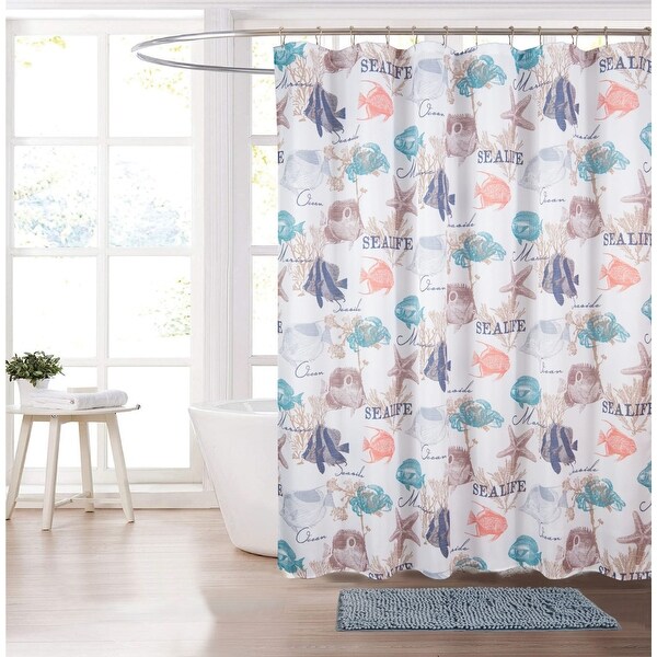 Grey Blue Coastal Bathroom Set Chenille Soft Plush Bath Mat With Shower Curtain & 12 Curtain Hooks