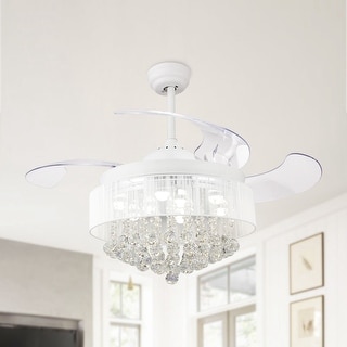 Modern White 46-Inch LED Crystal Chandelier Ceiling Fan with Remote Control, Retractable Blades, 4000K Cool Light