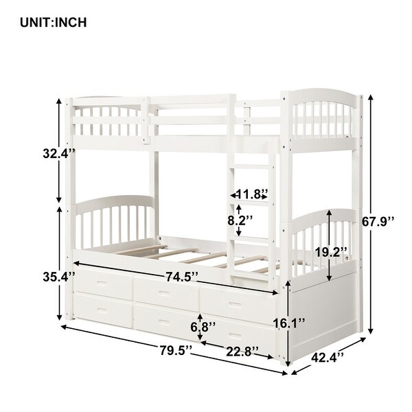 Twin over Twin Wood Bunk Bed with Trundle and Drawers, White