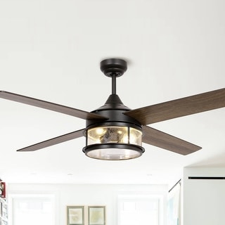 52" Industrial Wood 4-Blade Matte Black LED Ceiling Fan with Remote