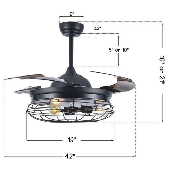 42 inch Caged Ceiling Fan with Retractable Fan Blades, 3 Bulbs, Remote Control, Industrial, Farmhouse - 42 Inches