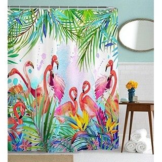Flamingo Tropical Leaves and Fabric Bathroom Curtains 72W by 72H