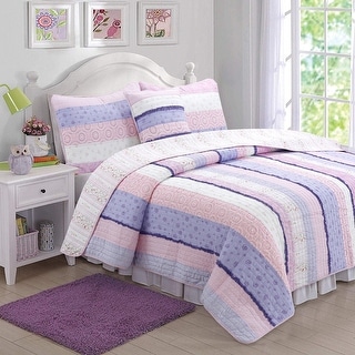 Cozy Line Pink Purple Fun Floral Ruffle Stripe Cotton Quilt Bedding Set