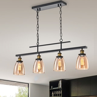 Antique Black 4-Light Linear Kitchen Island Lighting with Amber Glass Shades