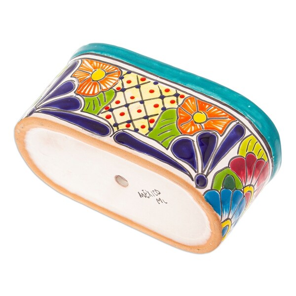 Novica Handmade Oblong Hacienda In Teal Ceramic Flower Pot