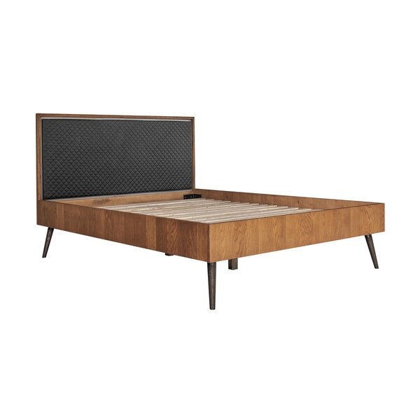 Coco Rustic Oak Wood Upholstered Faux Leather Platform Bed