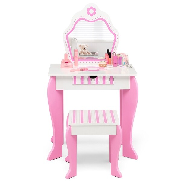 Gymax Kid Vanity Set Wooden Makeup Table Stool w/ Mirror Flower Print