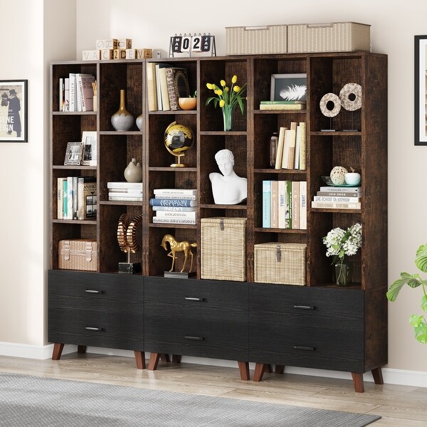 5 Shelf Bookshelf with 2 Storage Drawers Cabinet,5 Tier Mid-Century Modern Bookcase, Rustic Brown