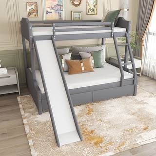 Twin over Full Size Upholstery Bunk Bed with 2 Drawers, Convertible Slide and Ladder