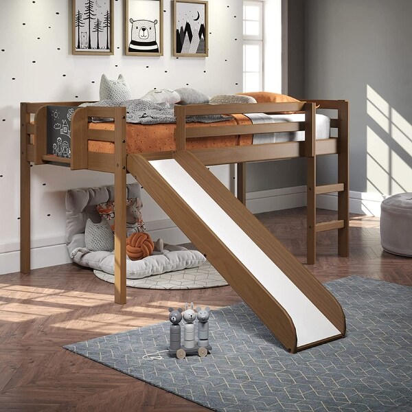 Cindy Kids Loft Bed with Slide, Twin Loft Bed with Slide, Loft Bed with Slide, Loft Bed Slide with Ladder, Chalkboard, Pine Wood